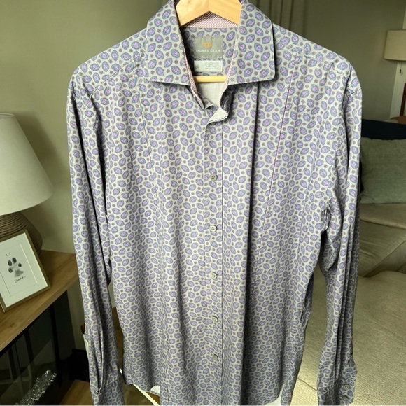 Thomas Dean Men’s Grey W/purple/blue Pattern L/S Button Up Shirt Size L - Picture 1 of 14